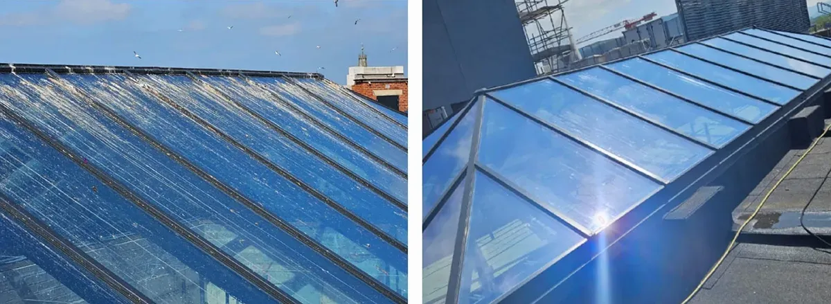 Before and after reach-and-wash window cleaning at height on a commercial building